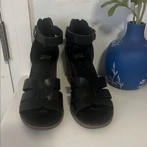 Frye Black Leather Open-Toe Ankle Strap Heels